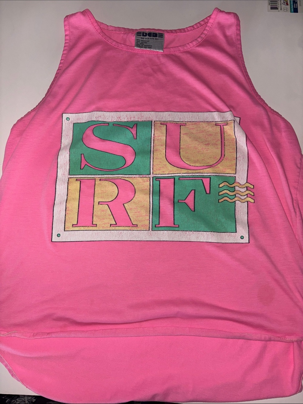 Vintage DEB  Pink Graphic SURF Tank with Green and Yellow Print